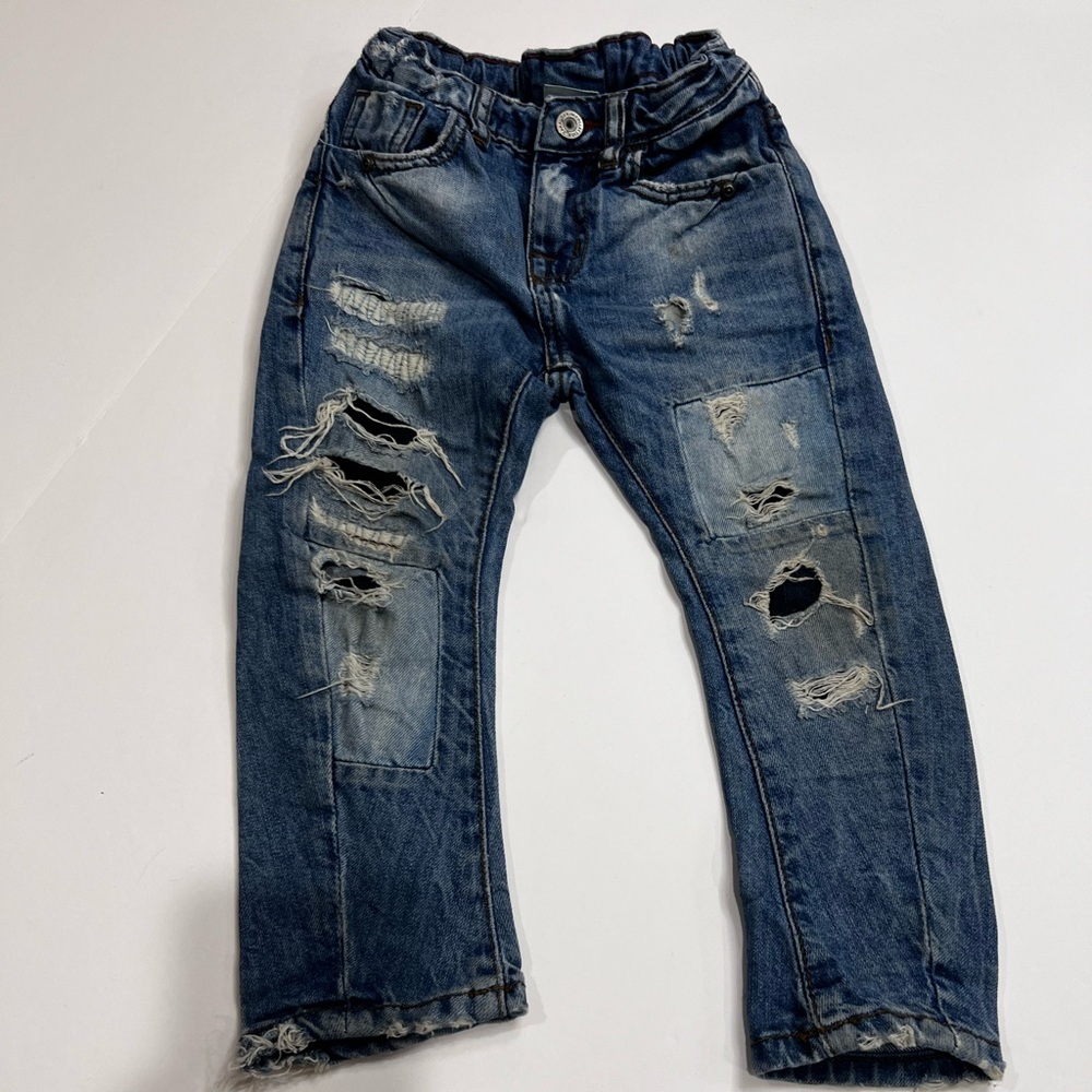 Zara Boys Distressed Patchwork Jeans Size 104 Blue Elastic Waist - Picture 4 of 12
